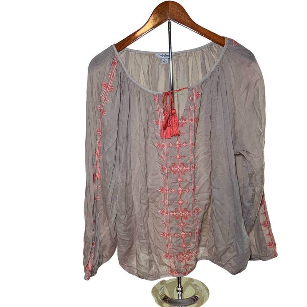 Lucky Brand Woman's Large Peasant Blouse Tan Coral Embroidered Tassel Boho Top